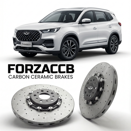 ForzaCCB direct OEM replacement carbon ceramic brake rotors for 2020 to 2022 Chery Tiggo 7 II models, shown with a white Chery Tiggo 7 car.