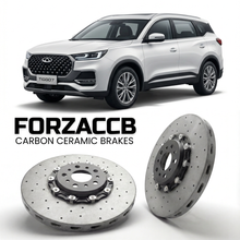 ForzaCCB direct OEM replacement carbon ceramic brake rotors for 2022-2024,) Chery Tiggo 7 II (facelift 2022 models, shown with a white Chery Tiggo 7 car.