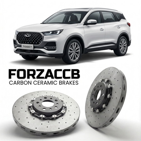 ForzaCCB direct OEM replacement carbon ceramic brake rotors for 2022-2024,) Chery Tiggo 7 II (facelift 2022 models, shown with a white Chery Tiggo 7 car.