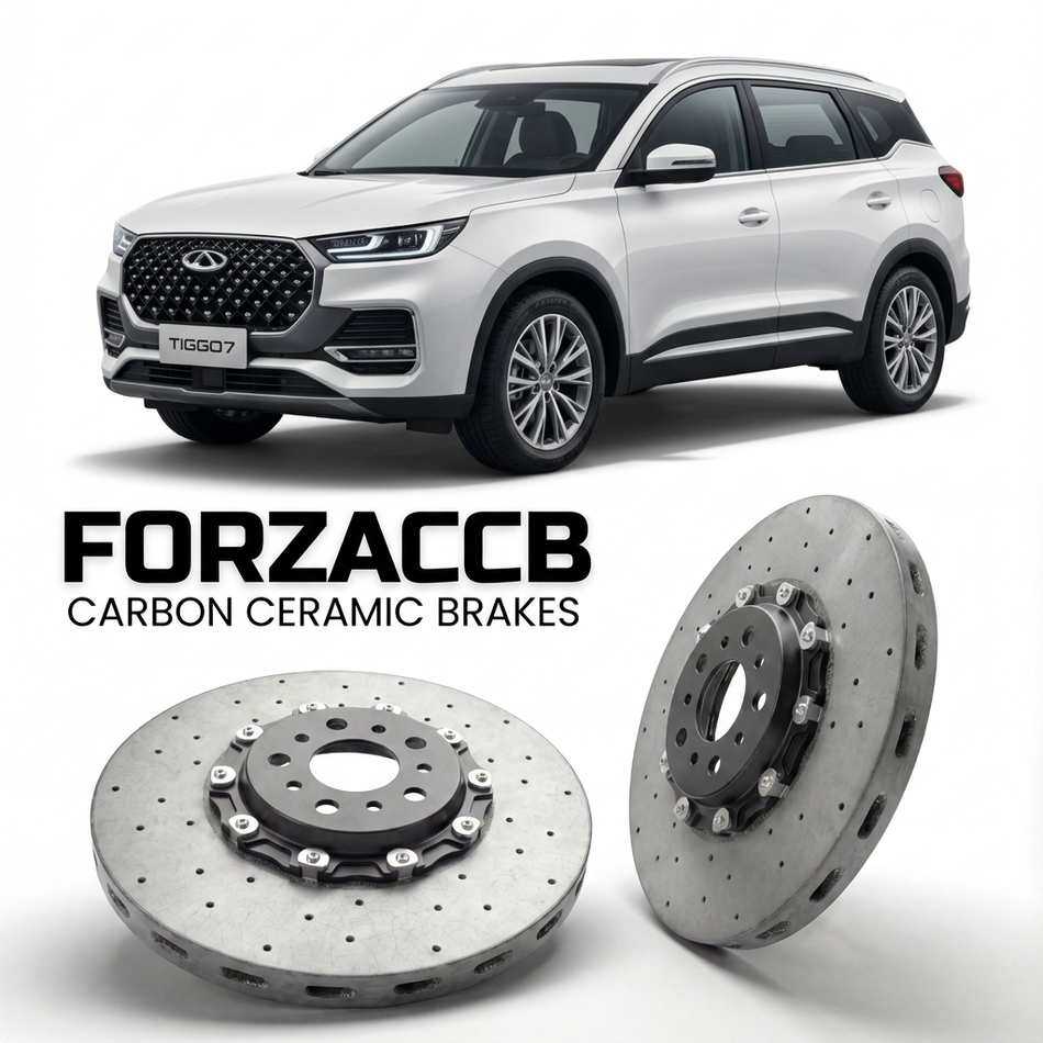 ForzaCCB direct OEM replacement carbon ceramic brake rotors for 2022-2024,) Chery Tiggo 7 II (facelift 2022 models, shown with a white Chery Tiggo 7 car.