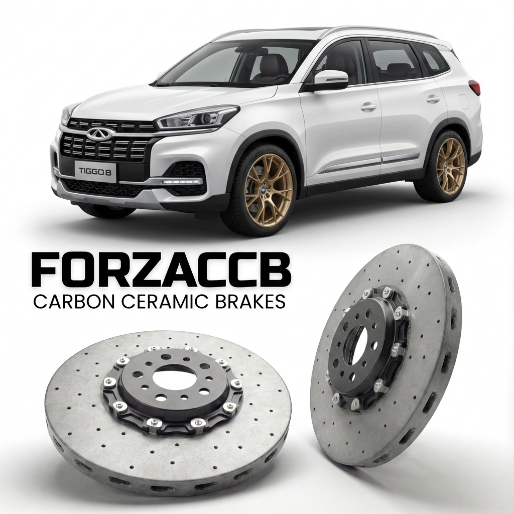 ForzaCCB direct OEM replacement carbon ceramic brake rotors for 2018 to 2020 Chery Tiggo 8 models, shown with a white Chery Tiggo 8 car.