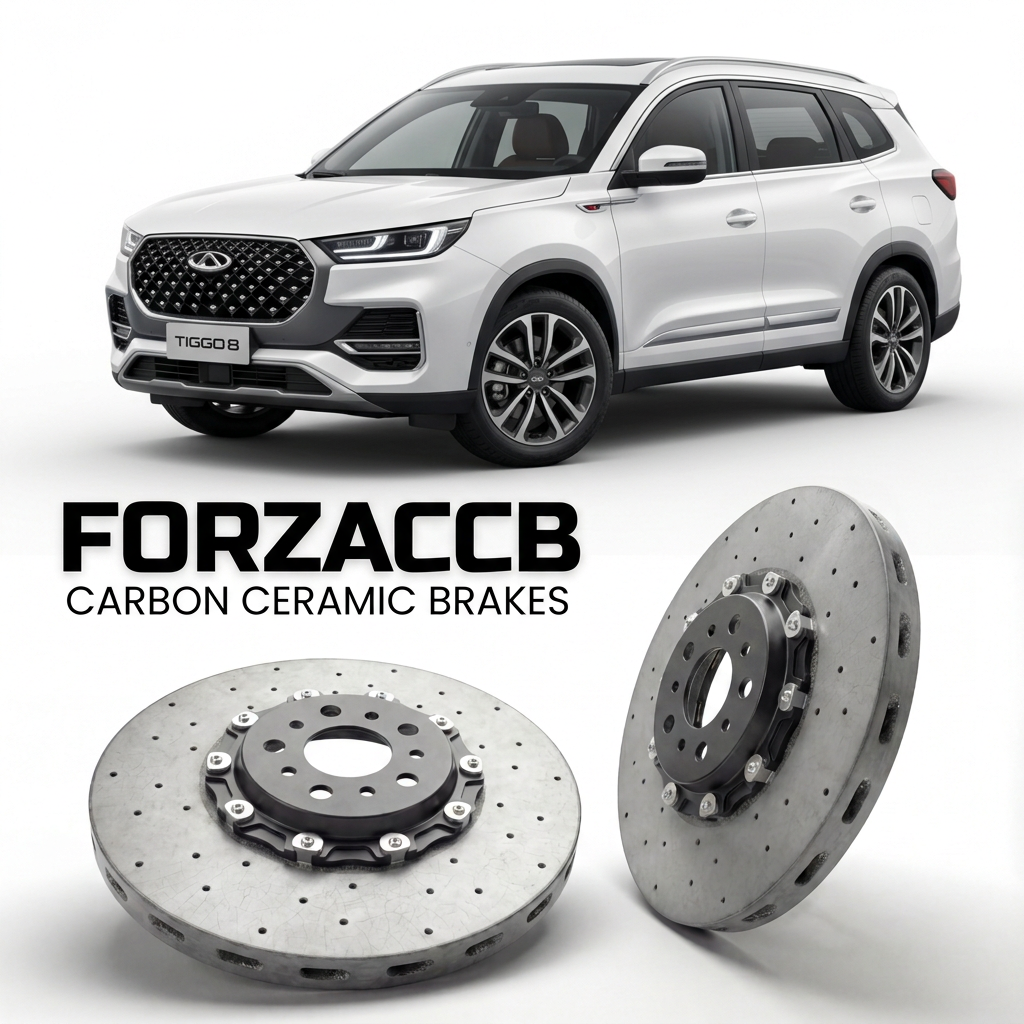 ForzaCCB direct OEM replacement carbon ceramic brake rotors for 2022-2025) Chery Tiggo 8 I (facelift 2022 models, shown with a white Chery Tiggo 8 car.