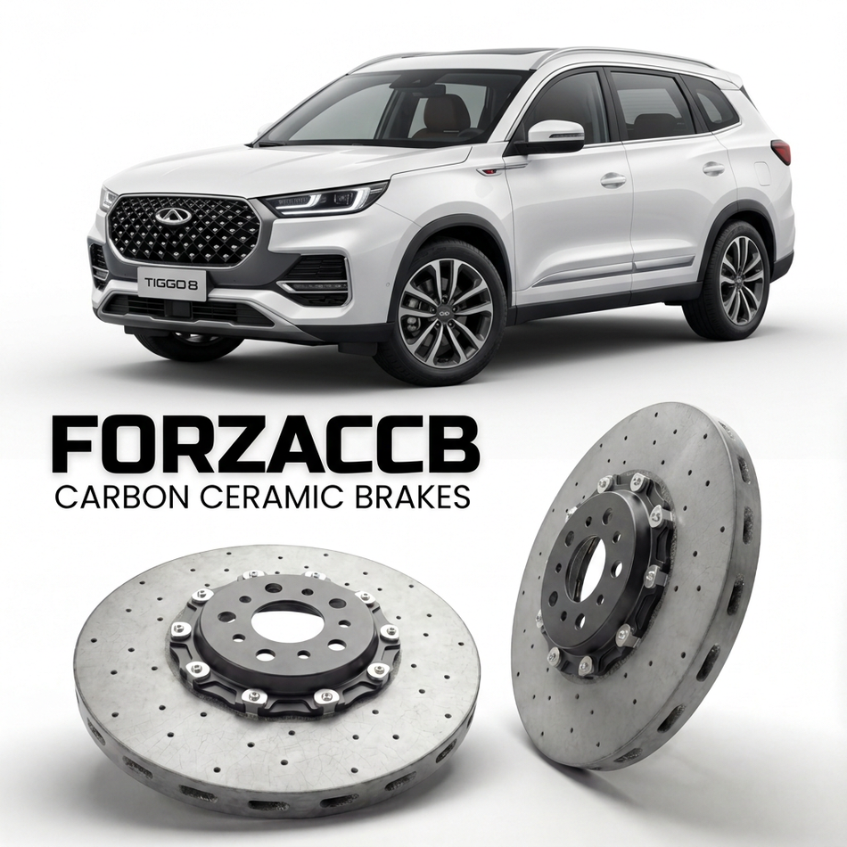ForzaCCB direct OEM replacement carbon ceramic brake rotors for 2022-2025) Chery Tiggo 8 I (facelift 2022 models, shown with a white Chery Tiggo 8 car.