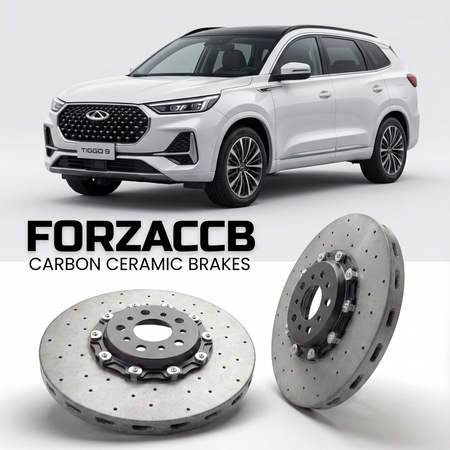 ForzaCCB direct OEM replacement carbon ceramic brake rotors for 2023 to 2024 Chery Tiggo 9 models, shown with a white Chery Tiggo 9 car.