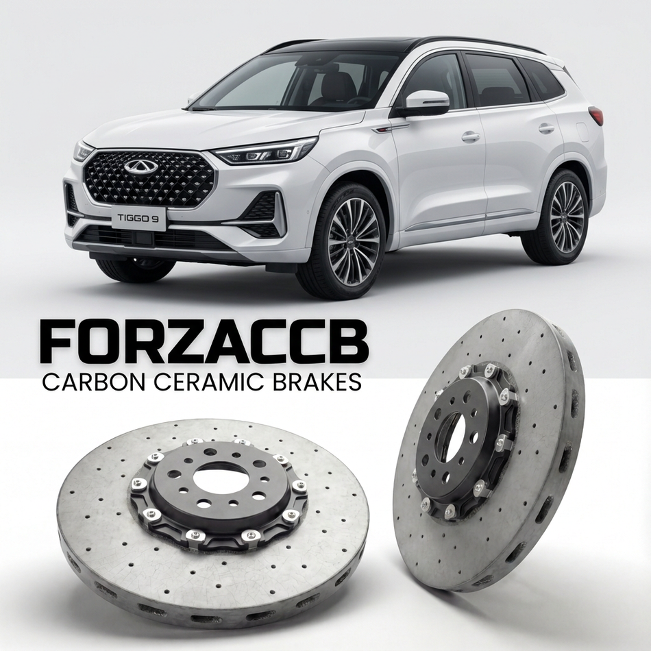 ForzaCCB direct OEM replacement carbon ceramic brake rotors for 2023 to 2024 Chery Tiggo 9 models, shown with a white Chery Tiggo 9 car.