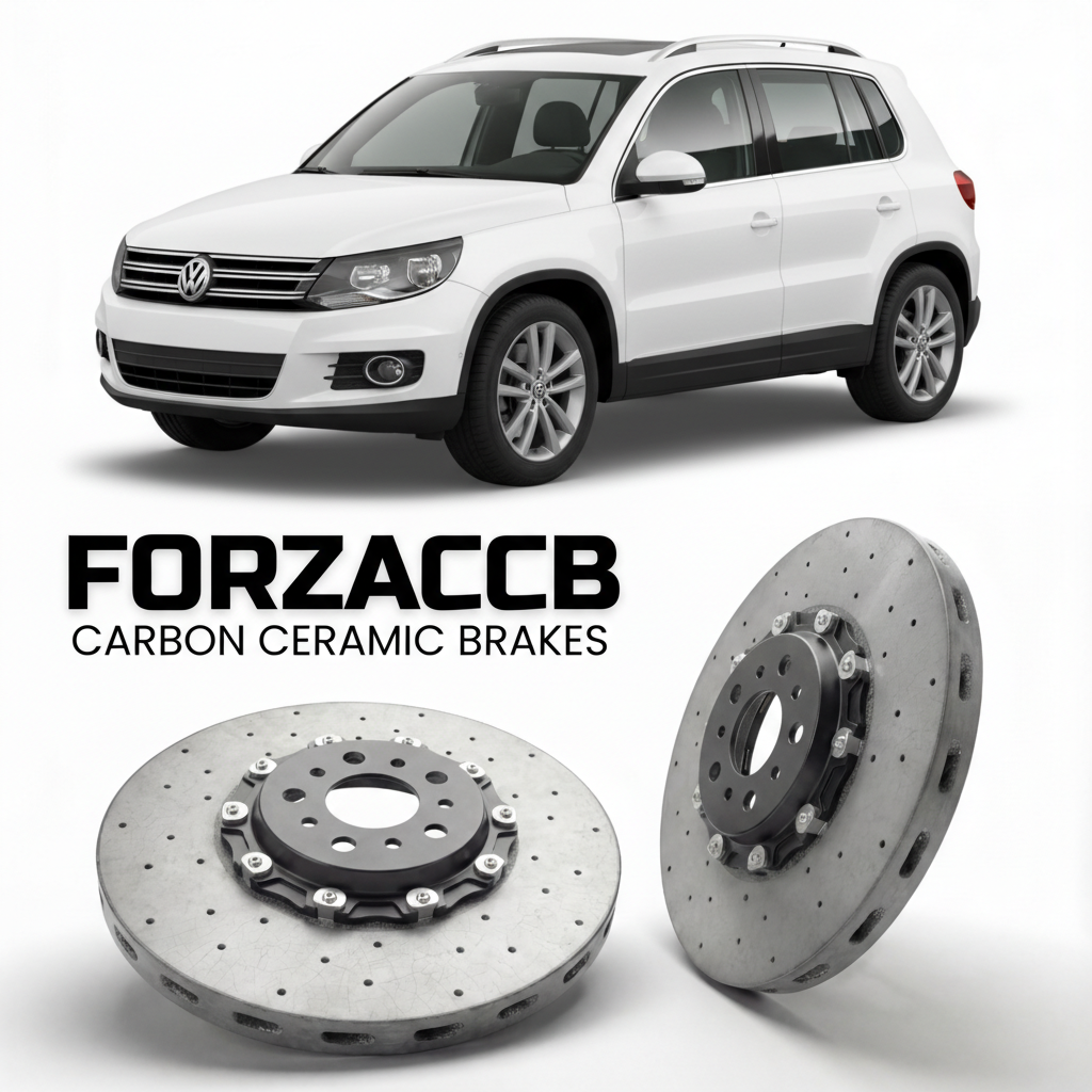 ForzaCCB direct OEM replacement carbon ceramic brake rotors for 2010 to 2016 Volkswagen Tiguan 5N models, shown with a white Volkswagen Tiguan car.