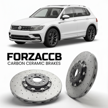 ForzaCCB direct OEM replacement carbon ceramic brake rotors for 2016 to 2023 Volkswagen Tiguan AD1 models, shown with a white Volkswagen Tiguan car.