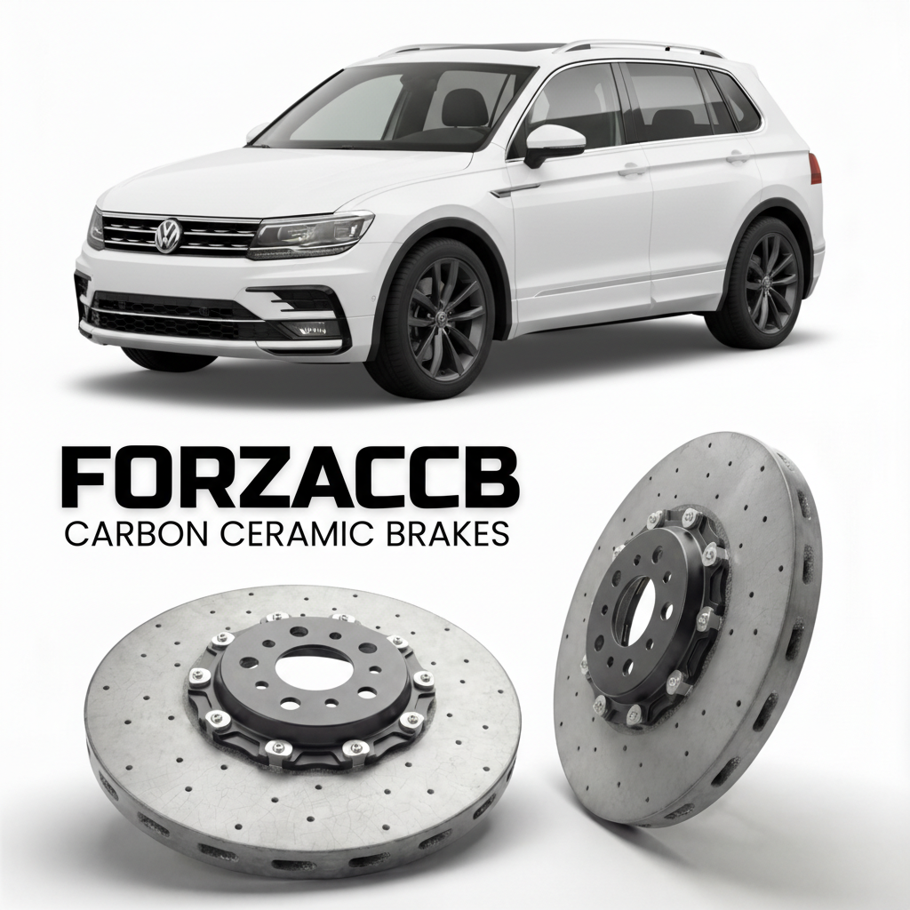 ForzaCCB direct OEM replacement carbon ceramic brake rotors for 2016 to 2023 Volkswagen Tiguan AD1 models, shown with a white Volkswagen Tiguan car.