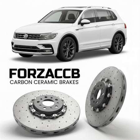 ForzaCCB direct OEM replacement carbon ceramic brake rotors for 2016 to 2023 Volkswagen Tiguan AD1 models, shown with a white Volkswagen Tiguan car.