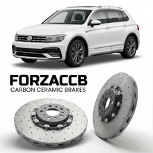 ForzaCCB direct OEM replacement carbon ceramic brake rotors for 2023- Volkswagen Tiguan CT1 models, shown with a white Volkswagen Tiguan car.