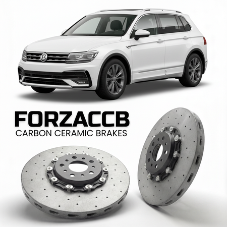 ForzaCCB direct OEM replacement carbon ceramic brake rotors for 2023- Volkswagen Tiguan CT1 models, shown with a white Volkswagen Tiguan car.
