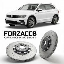 ForzaCCB direct OEM replacement carbon ceramic brake rotors for 2017 to 2023 Volkswagen Tiguan Allspace BW2 models, shown with a white Volkswagen Tiguan Allspace car.