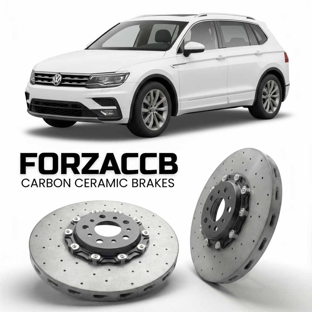 ForzaCCB direct OEM replacement carbon ceramic brake rotors for 2017 to 2023 Volkswagen Tiguan Allspace BW2 models, shown with a white Volkswagen Tiguan Allspace car.