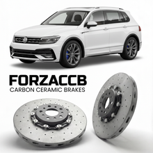 ForzaCCB direct OEM replacement carbon ceramic brake rotors for 2020 to 2023 Volkswagen Tiguan R AD1 models, shown with a white Volkswagen Tiguan R car.