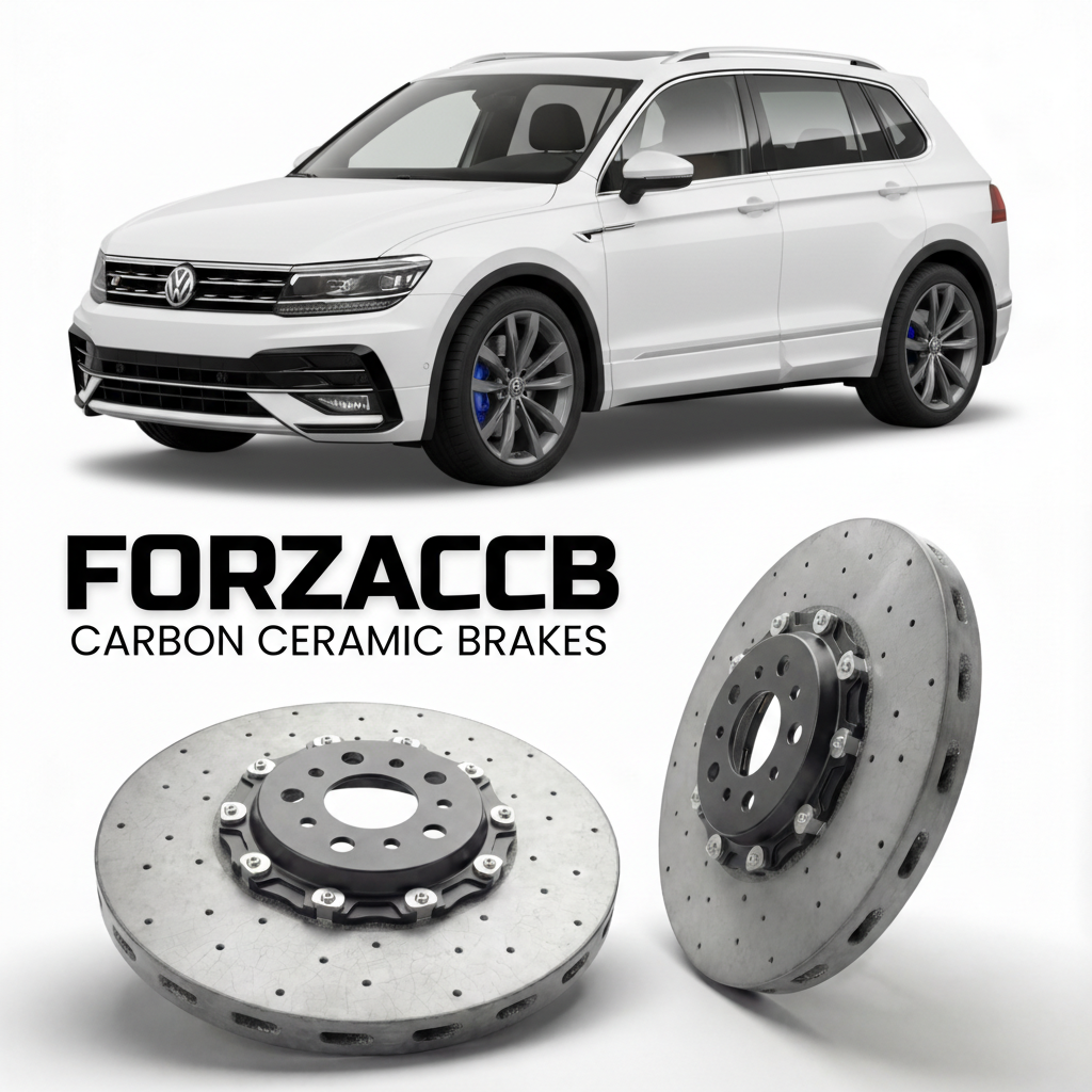 ForzaCCB direct OEM replacement carbon ceramic brake rotors for 2020 to 2023 Volkswagen Tiguan R AD1 models, shown with a white Volkswagen Tiguan R car.