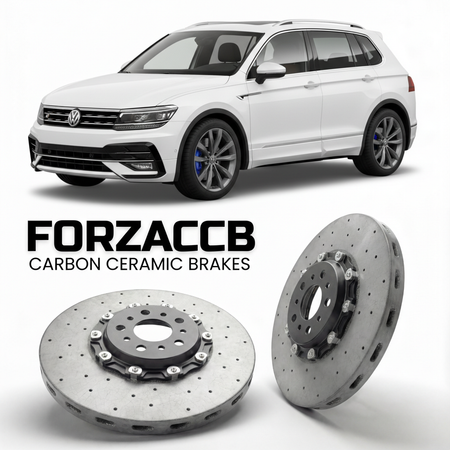 ForzaCCB direct OEM replacement carbon ceramic brake rotors for 2020 to 2023 Volkswagen Tiguan R AD1 models, shown with a white Volkswagen Tiguan R car.
