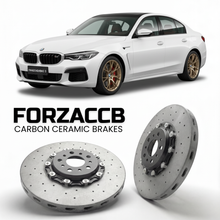 ForzaCCB direct OEM replacement carbon ceramic brake rotors for 2025 and newer Fangchengbao Titanium 3 models, shown with a white Fangchengbao Titanium 3 car.