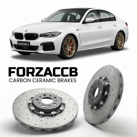 ForzaCCB direct OEM replacement carbon ceramic brake rotors for 2025 and newer Fangchengbao Titanium 3 models, shown with a white Fangchengbao Titanium 3 car.