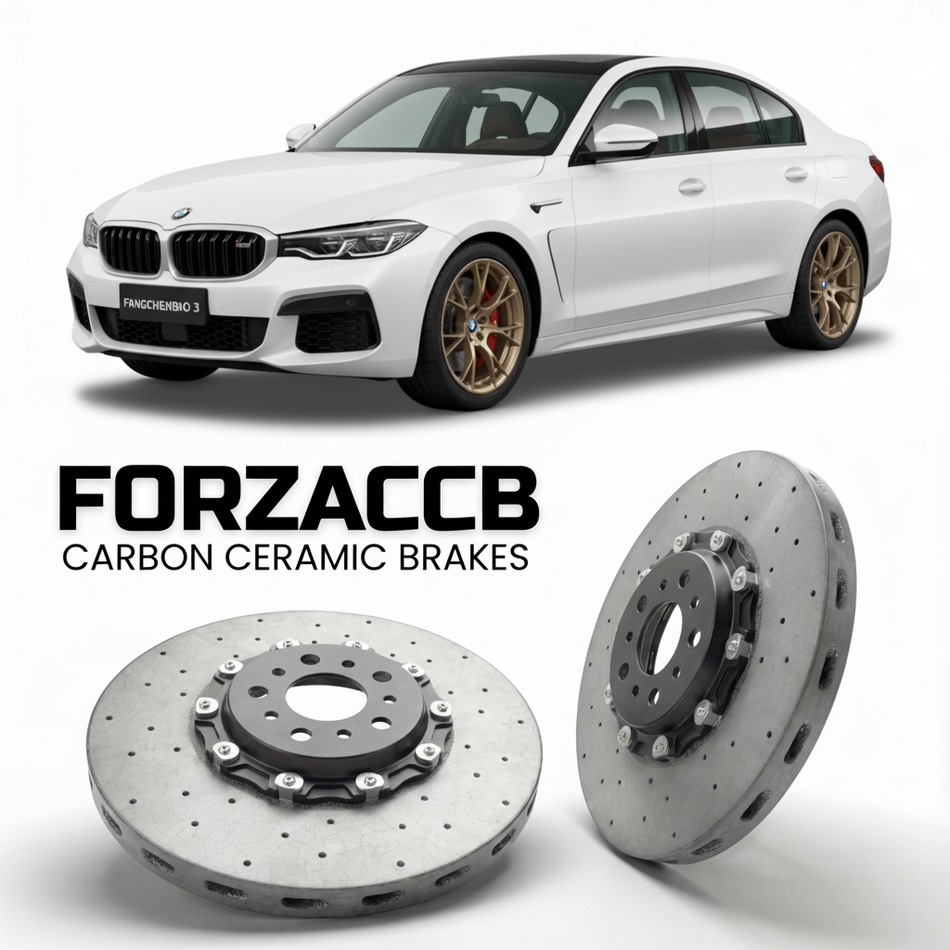ForzaCCB direct OEM replacement carbon ceramic brake rotors for 2025 and newer Fangchengbao Titanium 3 models, shown with a white Fangchengbao Titanium 3 car.