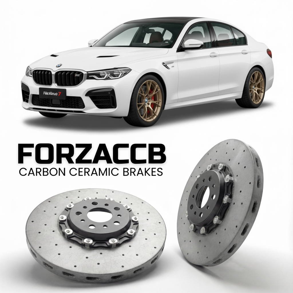 ForzaCCB direct OEM replacement carbon ceramic brake rotors for 2025 and newer Fangchengbao Titanium 7 models, shown with a white Fangchengbao Titanium 7 car.