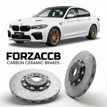 ForzaCCB direct OEM replacement carbon ceramic brake rotors for 2025 and newer Fangchengbao Titanium 7 models, shown with a white Fangchengbao Titanium 7 car.