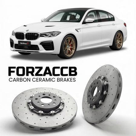 ForzaCCB direct OEM replacement carbon ceramic brake rotors for 2025 and newer Fangchengbao Titanium 7 models, shown with a white Fangchengbao Titanium 7 car.