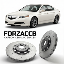 ForzaCCB direct OEM replacement carbon ceramic brake rotors for 2009 to 2014 Acura TL UA8-UA9 models, shown with a white Acura TL car.