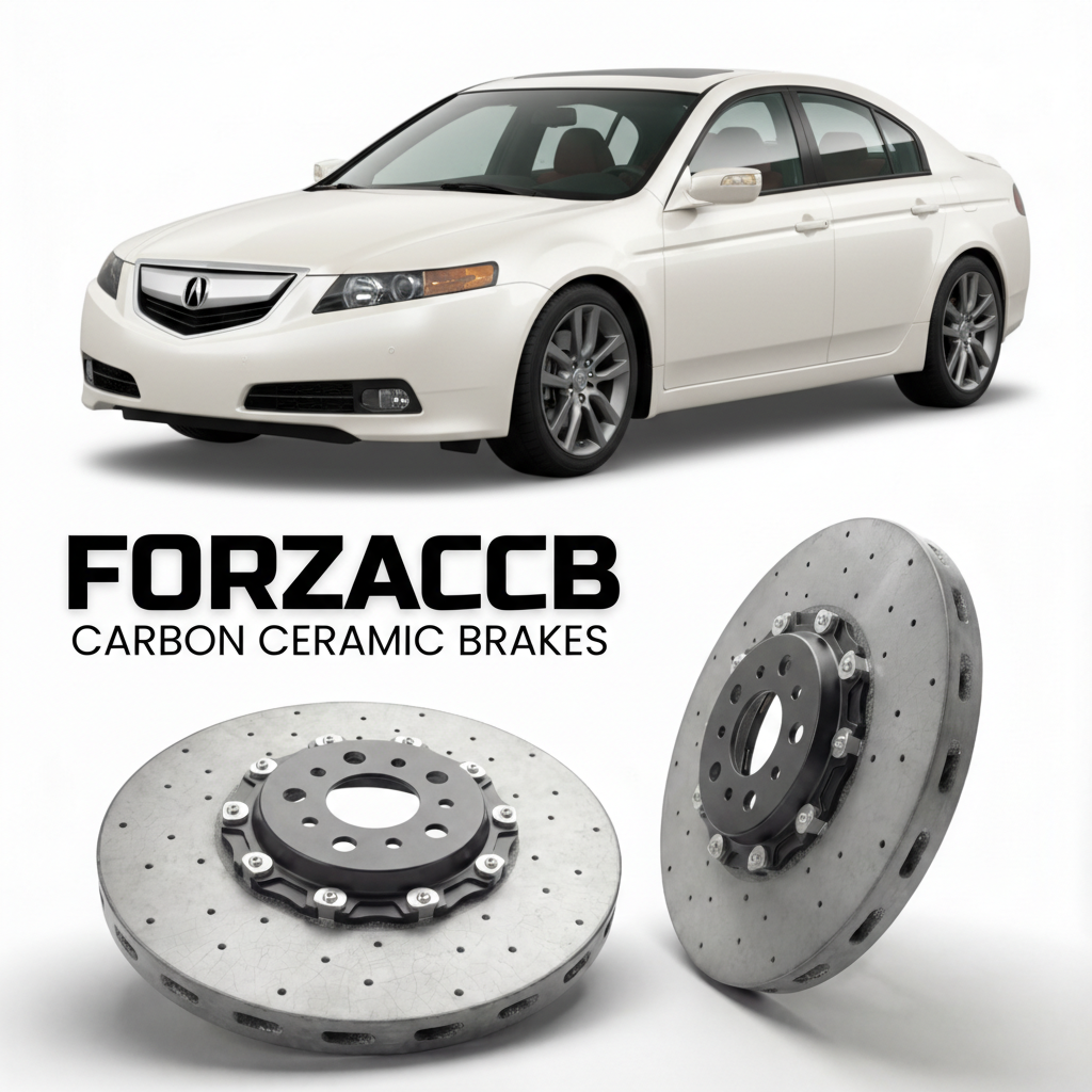 ForzaCCB direct OEM replacement carbon ceramic brake rotors for 2009 to 2014 Acura TL UA8-UA9 models, shown with a white Acura TL car.