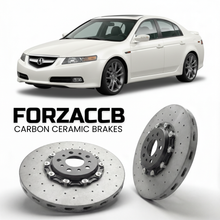 ForzaCCB direct OEM replacement carbon ceramic brake rotors for 2007 to 2008 Acura TL Type-S UA6-UA7 models, shown with a white Acura TL Type-S car.