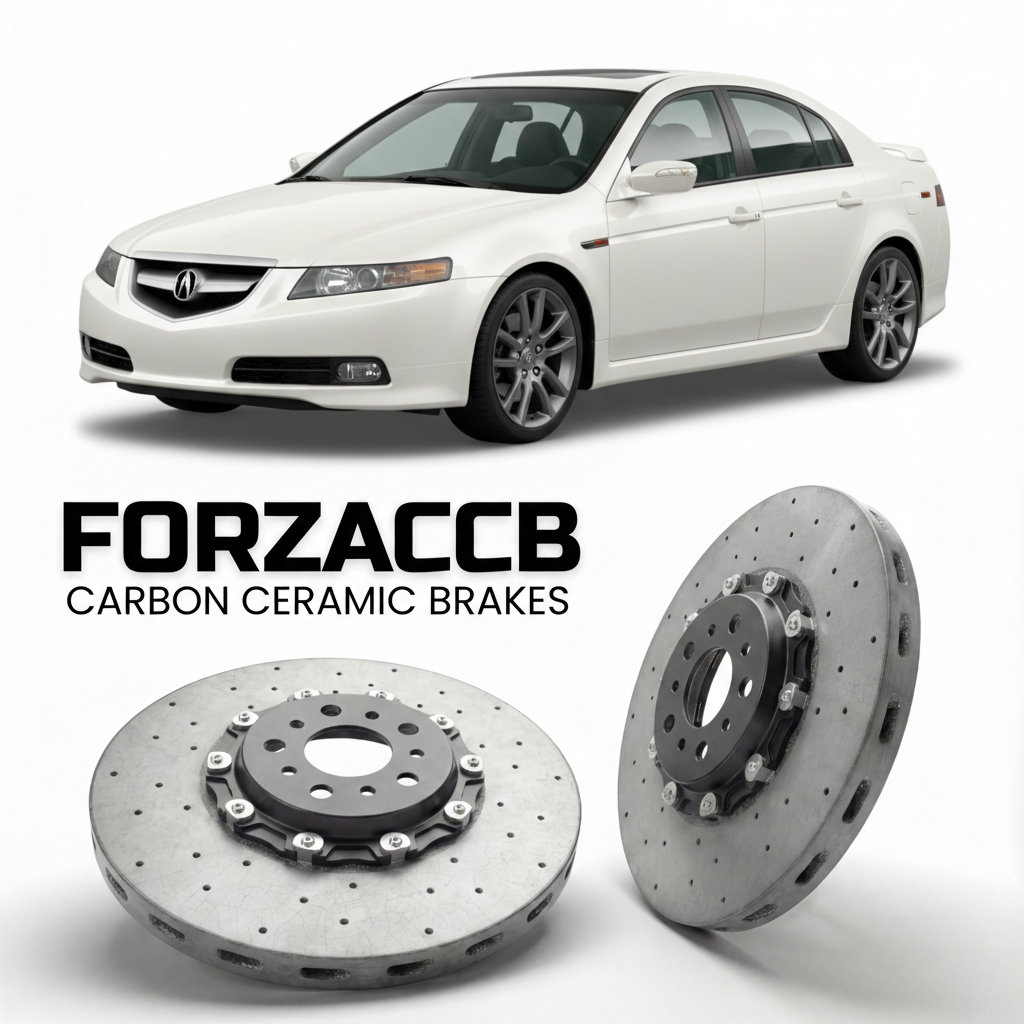 ForzaCCB direct OEM replacement carbon ceramic brake rotors for 2007 to 2008 Acura TL Type-S UA6-UA7 models, shown with a white Acura TL Type-S car.