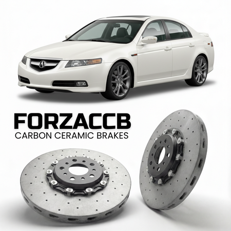 ForzaCCB direct OEM replacement carbon ceramic brake rotors for 2007 to 2008 Acura TL Type-S UA6-UA7 models, shown with a white Acura TL Type-S car.