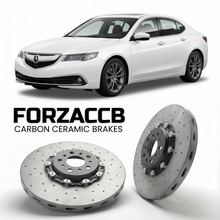 ForzaCCB direct OEM replacement carbon ceramic brake rotors for 2015 to 2020 Acura TLX UB1 models, shown with a white Acura TLX car.