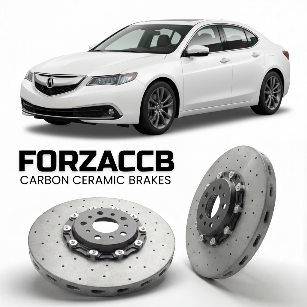 ForzaCCB direct OEM replacement carbon ceramic brake rotors for 2015 to 2020 Acura TLX UB1 models, shown with a white Acura TLX car.