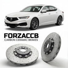 ForzaCCB direct OEM replacement carbon ceramic brake rotors for 2021 and newer Acura TLX UB5/UB6 models, shown with a white Acura TLX car.