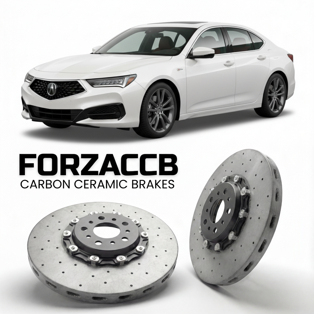 ForzaCCB direct OEM replacement carbon ceramic brake rotors for 2021 and newer Acura TLX UB5/UB6 models, shown with a white Acura TLX car.