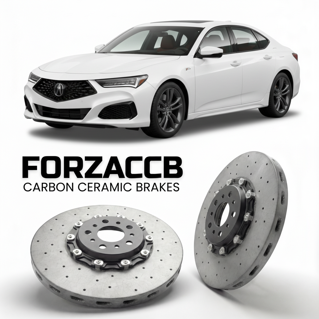 ForzaCCB direct OEM replacement carbon ceramic brake rotors for 2021 and newer Acura TLX Type S UB7 models, shown with a white Acura TLX Type S car.