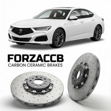 ForzaCCB direct OEM replacement carbon ceramic brake rotors for 2021 and newer Acura TLX Type S UB7 models, shown with a white Acura TLX Type S car.