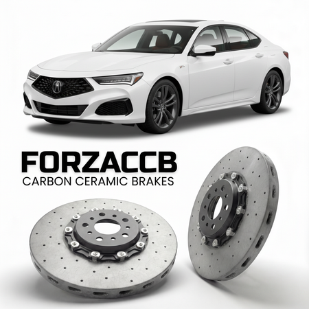 ForzaCCB direct OEM replacement carbon ceramic brake rotors for 2021 and newer Acura TLX Type S UB7 models, shown with a white Acura TLX Type S car.