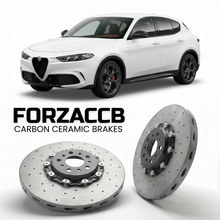 ForzaCCB direct OEM replacement carbon ceramic brake rotors for 2022 to 2025 Alfa Romeo Tonale models, shown with a white Alfa Romeo Tonale car.