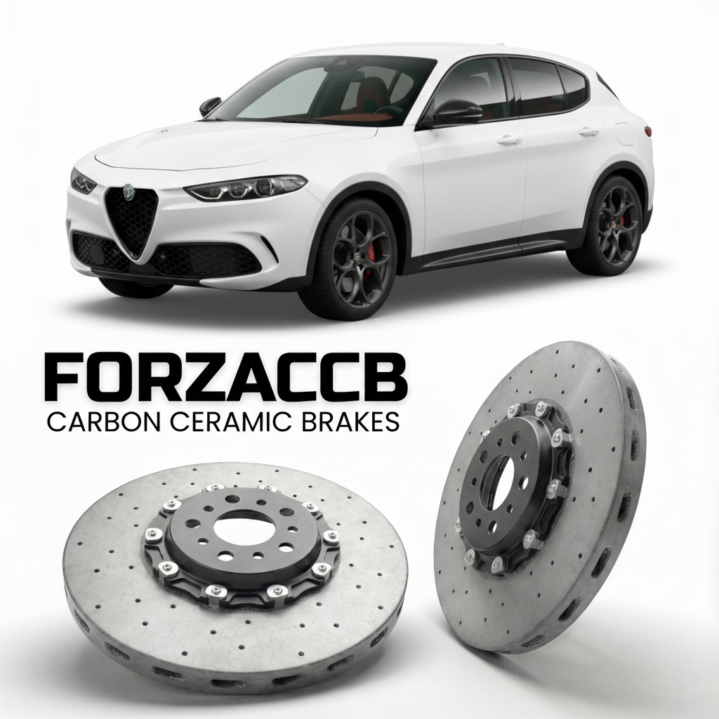 ForzaCCB direct OEM replacement carbon ceramic brake rotors for 2022 to 2025 Alfa Romeo Tonale models, shown with a white Alfa Romeo Tonale car.