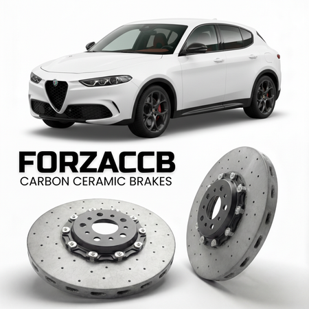 ForzaCCB direct OEM replacement carbon ceramic brake rotors for 2022 to 2025 Alfa Romeo Tonale models, shown with a white Alfa Romeo Tonale car.