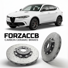 ForzaCCB direct OEM replacement carbon ceramic brake rotors for 2025 and newer Alfa Romeo Tonale facelift 2025 models, shown with a white Alfa Romeo Tonale car.