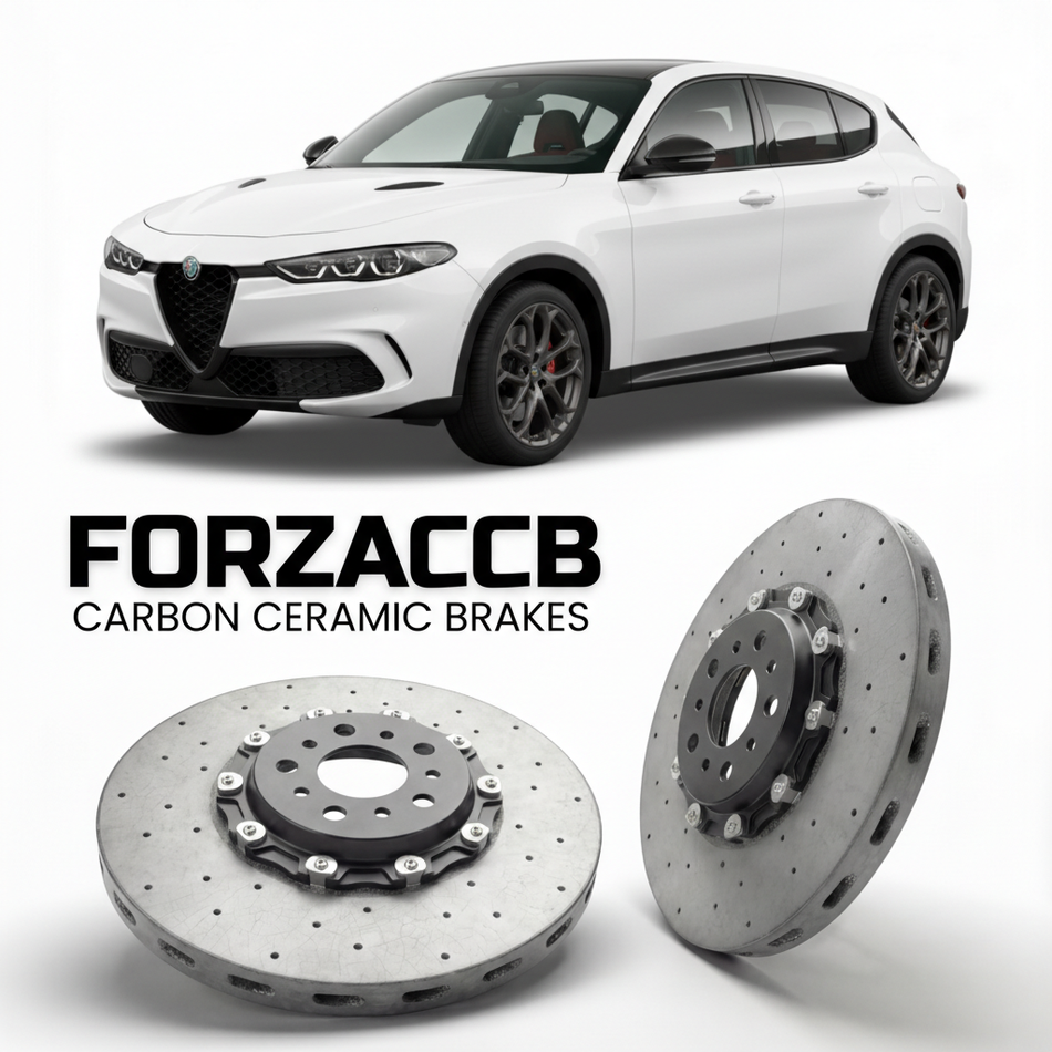 ForzaCCB direct OEM replacement carbon ceramic brake rotors for 2025 and newer Alfa Romeo Tonale facelift 2025 models, shown with a white Alfa Romeo Tonale car.