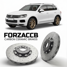 ForzaCCB direct OEM replacement carbon ceramic brake rotors for 2010 to 2018 Volkswagen Touareg 7P models, shown with a white Volkswagen Touareg car.