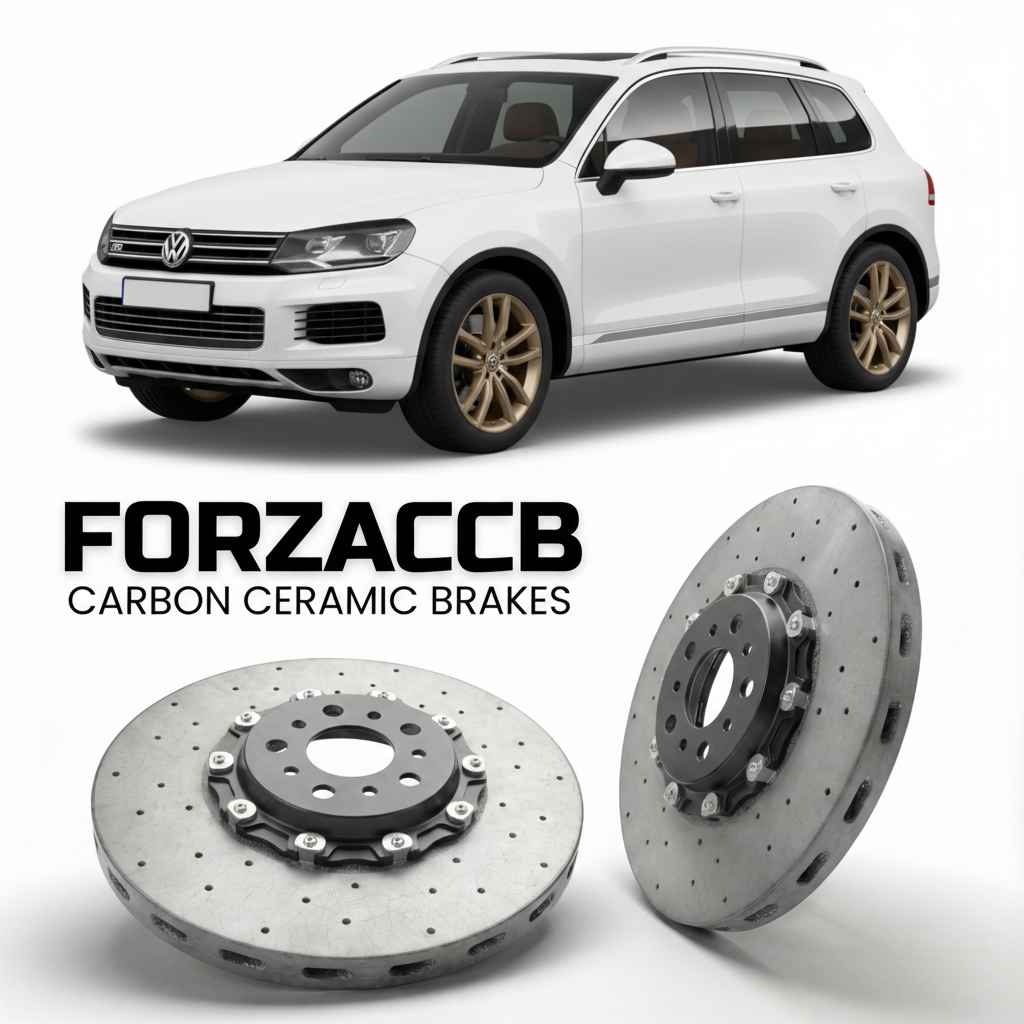 ForzaCCB direct OEM replacement carbon ceramic brake rotors for 2010 to 2018 Volkswagen Touareg 7P models, shown with a white Volkswagen Touareg car.