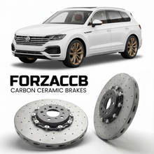 ForzaCCB direct OEM replacement carbon ceramic brake rotors for 2018- Volkswagen Touareg CR models, shown with a white Volkswagen Touareg car.