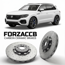 ForzaCCB direct OEM replacement carbon ceramic brake rotors for 2020- Volkswagen Touareg R CR models, shown with a white Volkswagen Touareg R car.