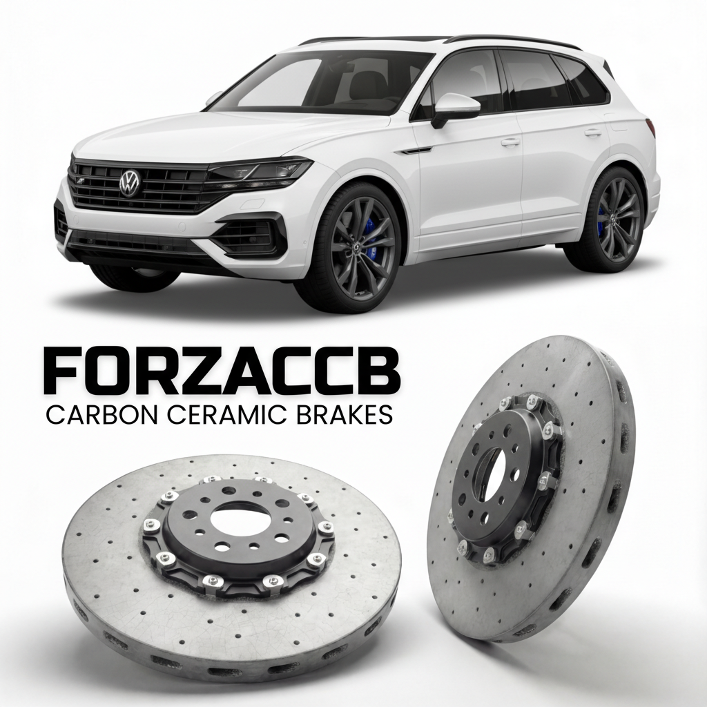ForzaCCB direct OEM replacement carbon ceramic brake rotors for 2020- Volkswagen Touareg R CR models, shown with a white Volkswagen Touareg R car.