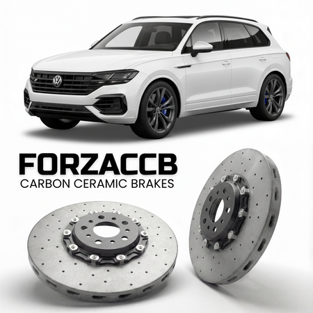 ForzaCCB direct OEM replacement carbon ceramic brake rotors for 2020- Volkswagen Touareg R CR models, shown with a white Volkswagen Touareg R car.