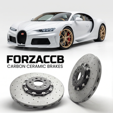 ForzaCCB direct OEM replacement carbon ceramic brake rotors for 2026 and newer Bugatti Tourbillon models, shown with a white Bugatti Tourbillon car.